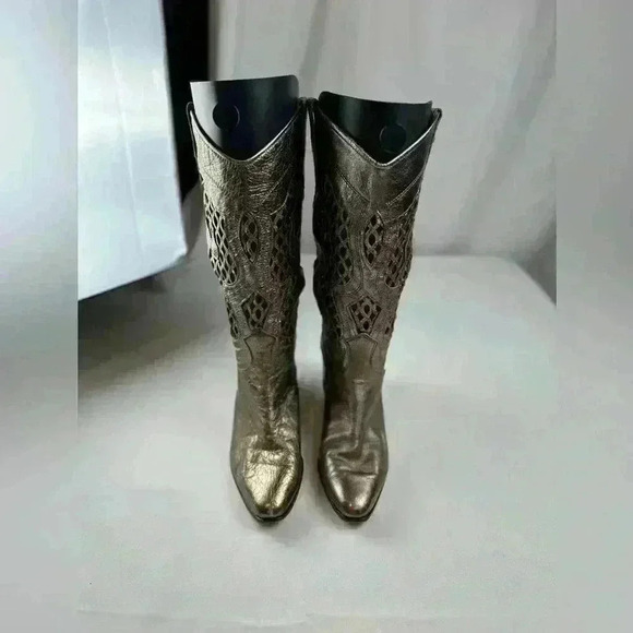 Vintage Lenni Lattice Cowboy Western Boots Metallic Gold Leather Italy - Picture 2 of 10